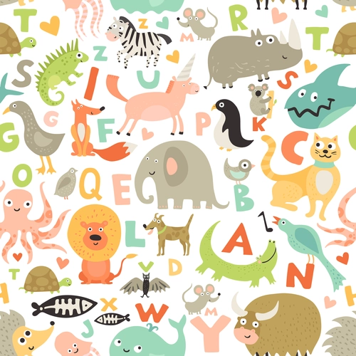 паттерн, детские, животные, английский алфавит, фрагмент, разноцветные